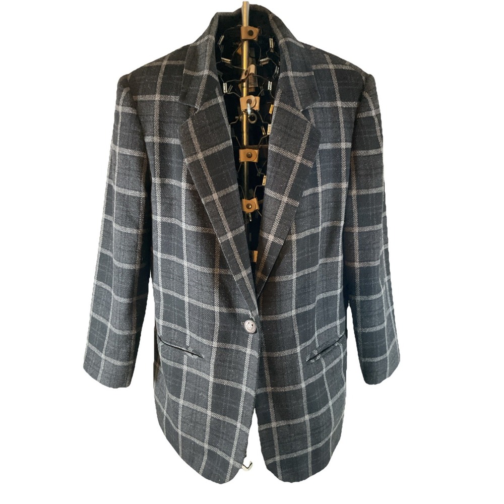 Sag Harbor Black & Gray Plaid Wool Blend Blazer Jacket Size 8